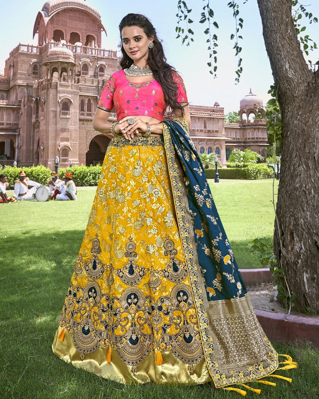 Yellow-Pink Color Wedding Wear Banarasi Silk Lehenga Choli – fashionnaari