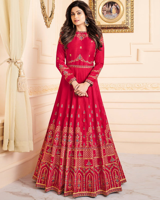 Red Color Bridal Wear Silk Semi Stitched Embroidery Anarkali Gown