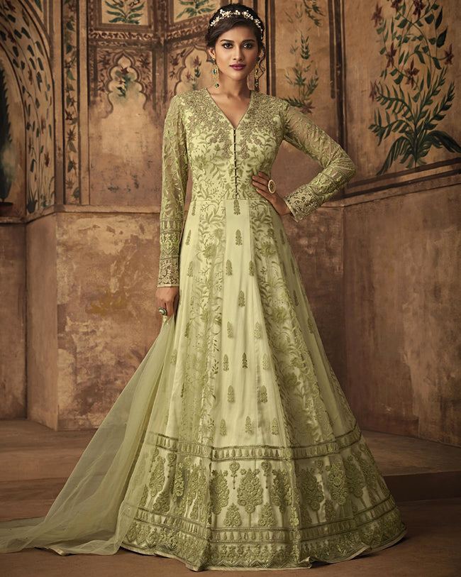Buy Hoyendiafad Womens Light Green Banglory Silk Semi Stitched Top With  Unstitched Santoon Bottom and Net Dupatta Embroidered Flared Top Dress  Material Gown at Amazonin