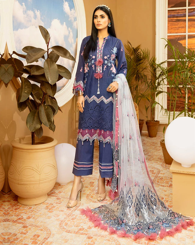 Blue Color Unstitched Schiffli Embroidered Lawn Pakistani Salwar Suit