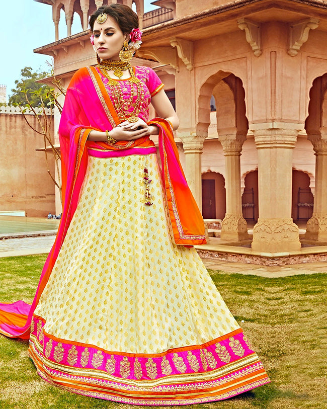 Pink and White Color Party Wear Silk Jacquard Lehenga & Blouse with Dupatta