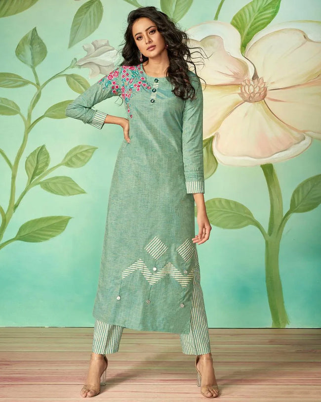 Teal Green Color Casual Wear Cotton Silk Pant Style Suits