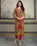 Olive Green-Red Color Casual Wear Printed Rayon Stylish Pant Suits