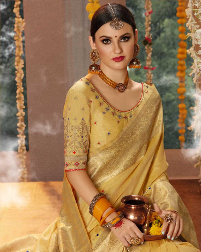 Light Yellow Color Festive Wear Cotton Jacquard Banarasi Silk Saree