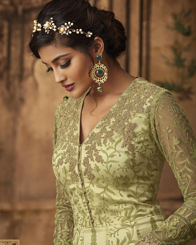 Georgette Lace Work Light Green Semi Stitched Long Anarkali Suit  3014   Designer anarkali Indian fashion trends Indian fashion