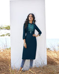 Navy Blue Colored Party Wear Rayon Embroidered Work Kurtis