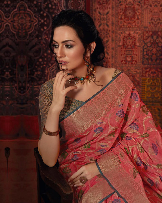 WoodenTant women's new Designer handloom cotton silk Banarasi saree with  designer pallu and solid zari border with blouse piece (Yellow & Red).