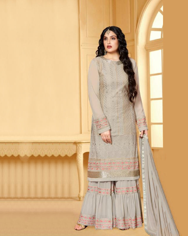 Gray Color Party Wear Fancy Unstitched Pakistani Sharara Suit