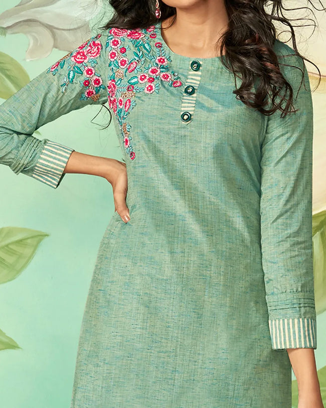Teal Green Color Casual Wear Cotton Silk Pant Style Suits