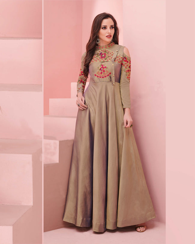 Taupe Colored Party Wear Embroidered Work Silk Gown