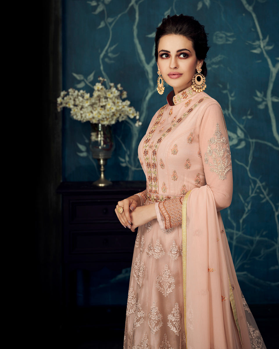 Peach Colored Partywear Embroidered Georgette Semi-Stitched Anarkali S ...