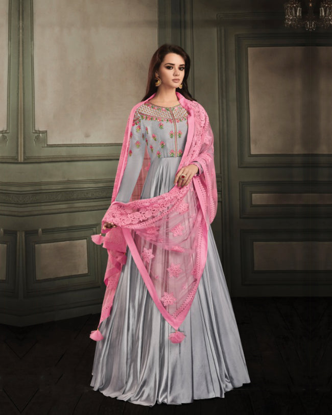 Grey Colored Partywear Embroidered Georgette Satin Anarkali Suit With fashionnaari Grey Colored Partywear Embroidered Georgette Satin Anarkali Suit With fashionnaari