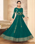 Arresting Green Colored Partywear Embroidered Cotton Silk Gown