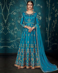Blue Color Semi-Stitched Party Wear Heavy Designer Pure Satin Silk Gown
