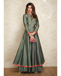 Greenish Grey Colored Partywear Embroidered Silk Gown