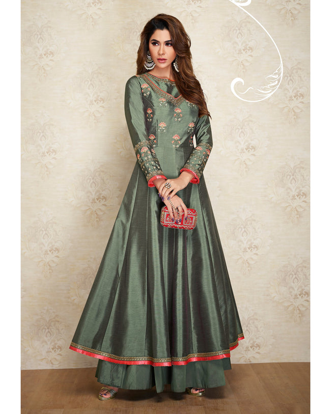Greenish Grey Colored Partywear Embroidered Silk Gown