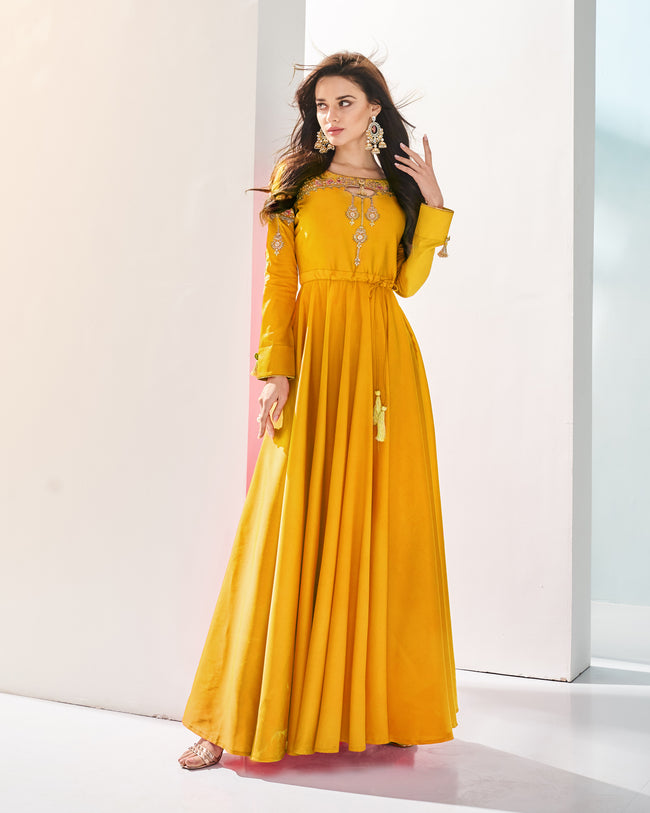 Yellow Colored Partywear Embroidered Silk Gown
