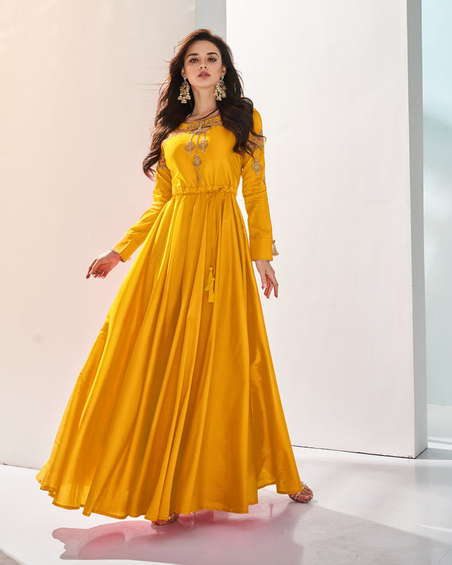 Yellow Colored Partywear Embroidered Silk Gown