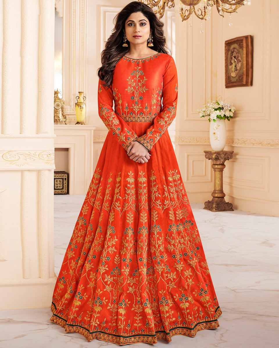 long orange anarkali dress Organic silk Anarkali