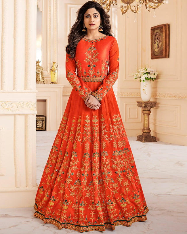 Orange Color Wedding Wear Silk Semi Stitched Embroidery Anarkali Gown