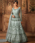 Light Blue Color Wedding Wear Net Semi Stitched Anarkali Suit