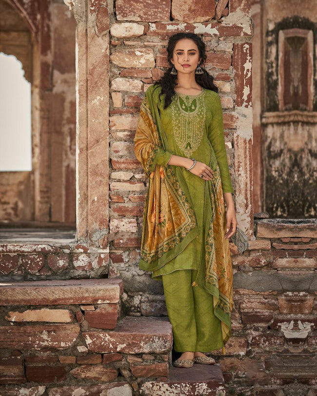 Parrot Green Color Printed Pashmina Unstitched Winter Pakistani Suit