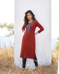 Red Colored Party Wear Rayon Embroidered Work Kurtis