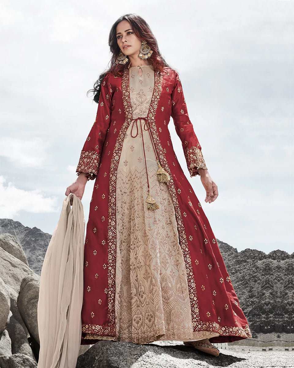 Orange Net And Georgette Designer Long Jacket Style Gown at Rs 8000 in  Kanpur