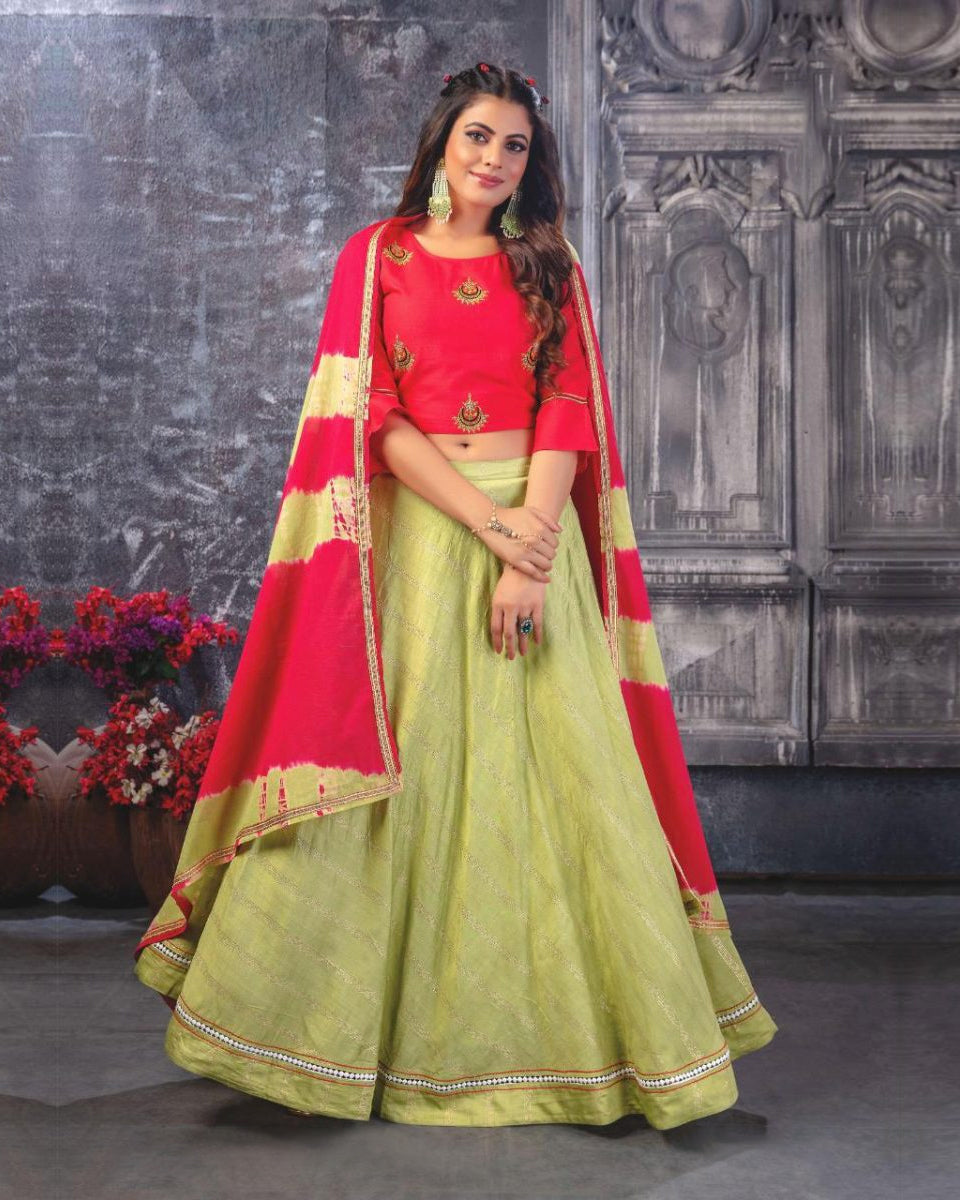 Pink and Parrot Green Color Party Wear Crop Top with Maxi Skirt Set ...