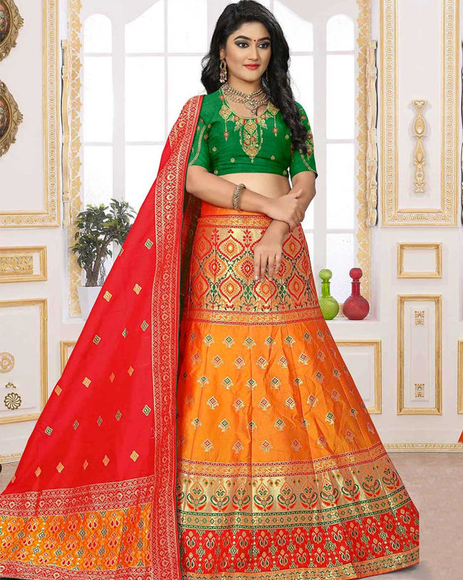 Green Dupatta Orange And Green Dress Combination Orange And Green Color Wedding Wear Silk Jacquard Lehenga Blouse Green Dupatta Orange And Green Dress Combination Orange And Green Color Wedding Wear Silk Jacquard Lehenga Blouse