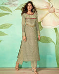 Olive Green Color Casual Wear Cotton Silk Pant Style Suits