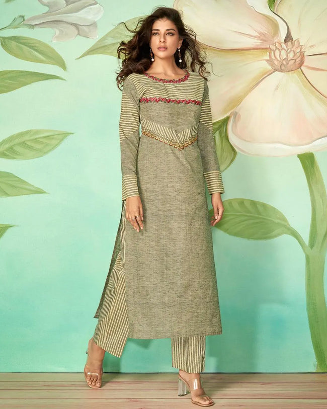 Olive Green Color Casual Wear Cotton Silk Pant Style Suits