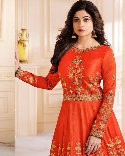 Orange Color Wedding Wear Silk Semi Stitched Embroidery Anarkali Gown