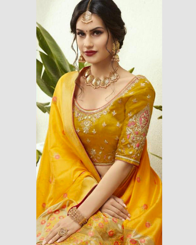 Pink and Yellow Color Wedding Wear Lehenga & Blouse with Dupatta