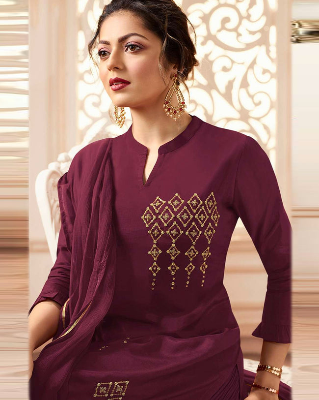Purple Colored Casual Wear Pure Viscose Palazzo Suit with Dupatta