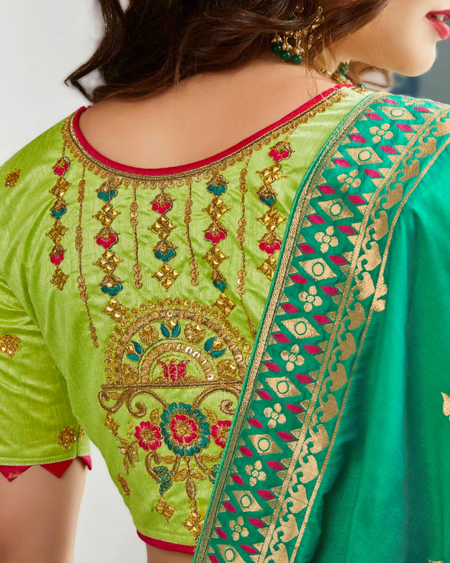 Green Color Wedding Wear Silk Jari Thread Work Lehenga