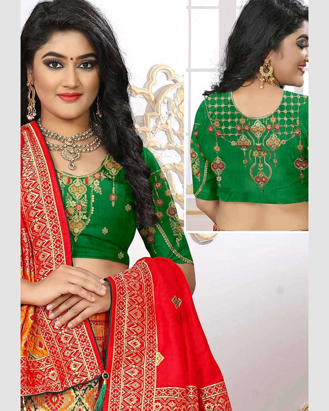 Orange and Green Color Wedding Wear Silk Jacquard Lehenga & Blouse with Dupatta