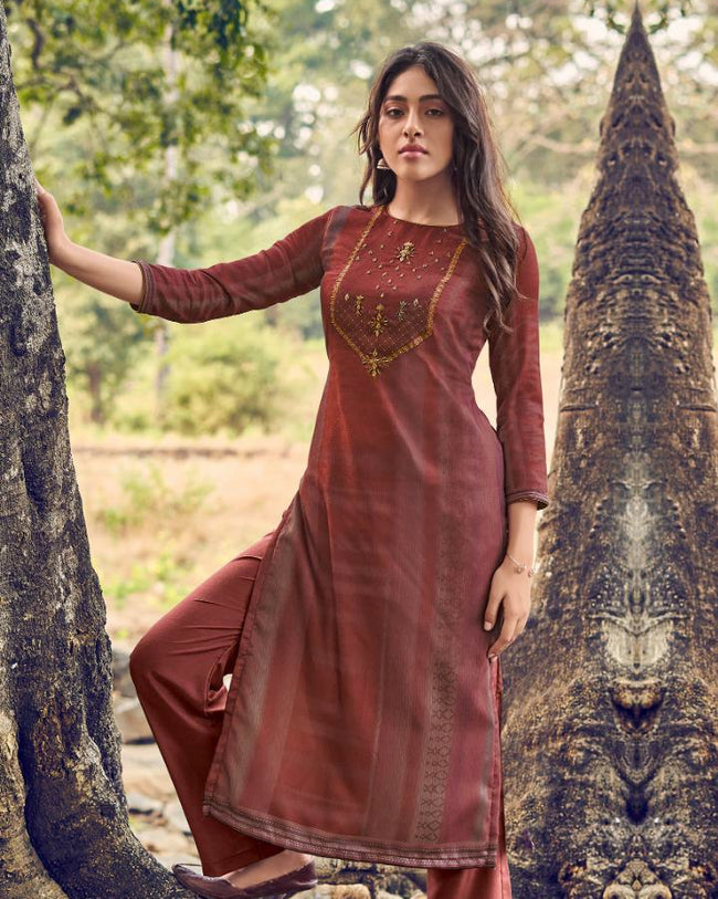 Rust Color Wonderful Readymade Kurti With Bottom In Cotton Fabric