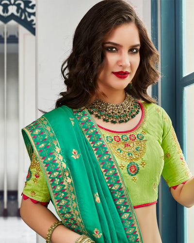 Green Color Wedding Wear Silk Jari Thread Work Lehenga