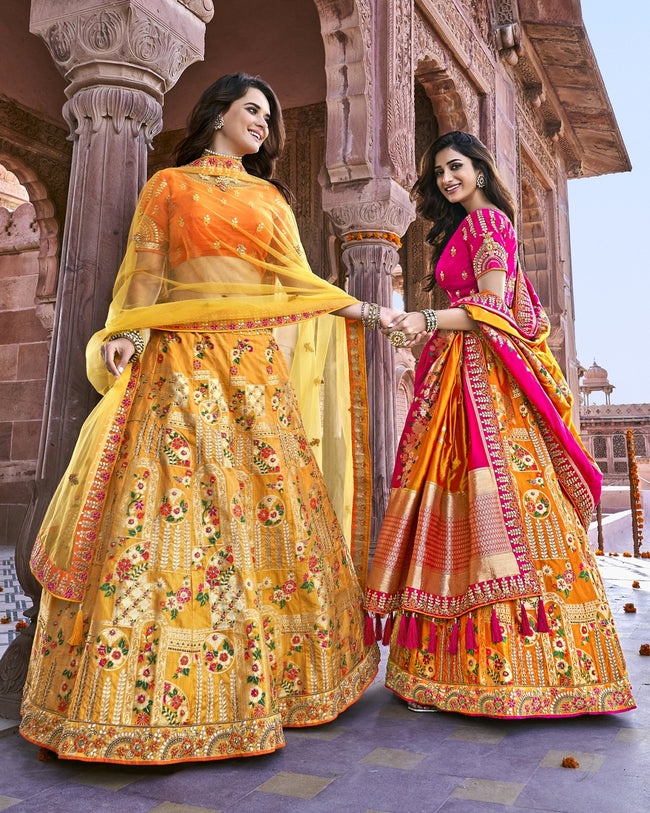 Yellow-Orange Color Party Wear Silk Thread Work Lehenga Choli