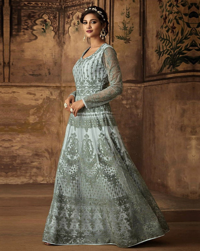 Net Machine Work Green Semi Stitched Long Anarkali Suit - A10021 | Anarkali  dress, Designer anarkali dresses, Indian dresses