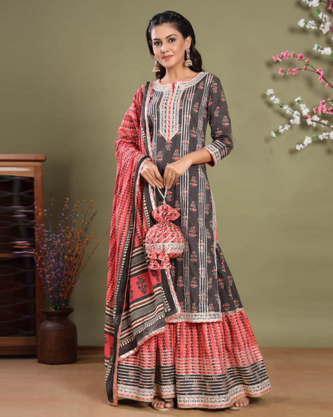 Dark Gray and Pink Color Jaipuri Cotton Gota Patti Work Printed Sharara Suit with Potli