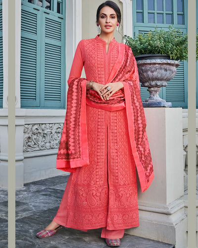 Pink Colored Partywear Embroidered Palazzo Suit With Printed Dupatta