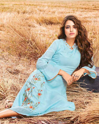 Sky Colored Boat Neck Embroidered Cotton Silk Kurti