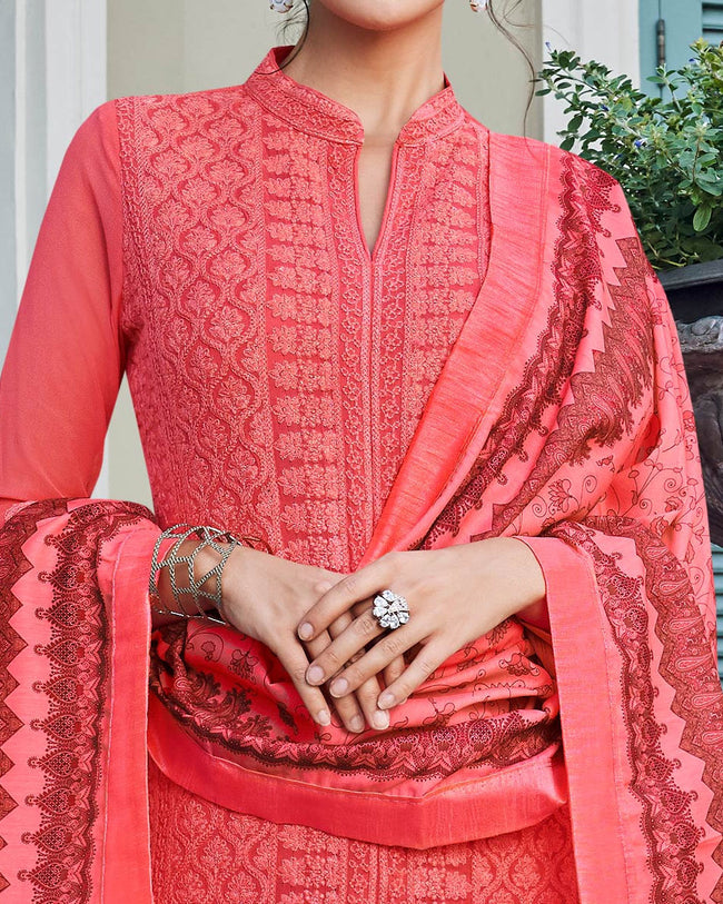 Pink Colored Partywear Embroidered Palazzo Suit With Printed Dupatta