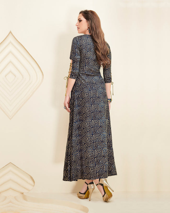 Olive Green-Navy Blue Colored Partywear Printed Rayon Long Kurti