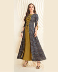 Olive Green-Navy Blue Colored Partywear Printed Rayon Long Kurti
