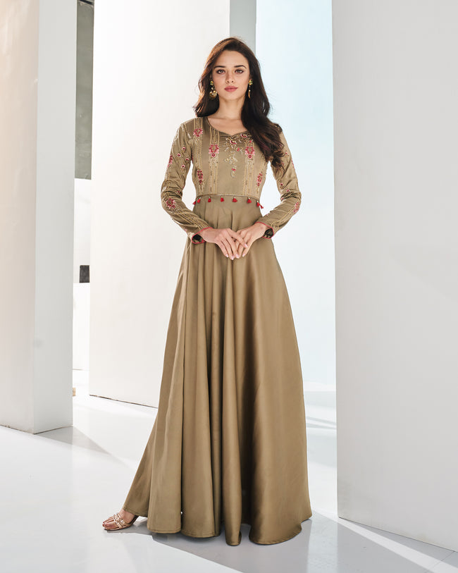 Chiku Colored Partywear Embroidered Tapetta Satin Gown
