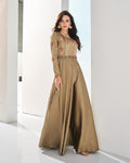 Chiku Colored Partywear Embroidered Tapetta Satin Gown