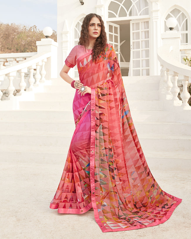 Pink and Peach Color Two Tone Pure Georgette digital print Saree